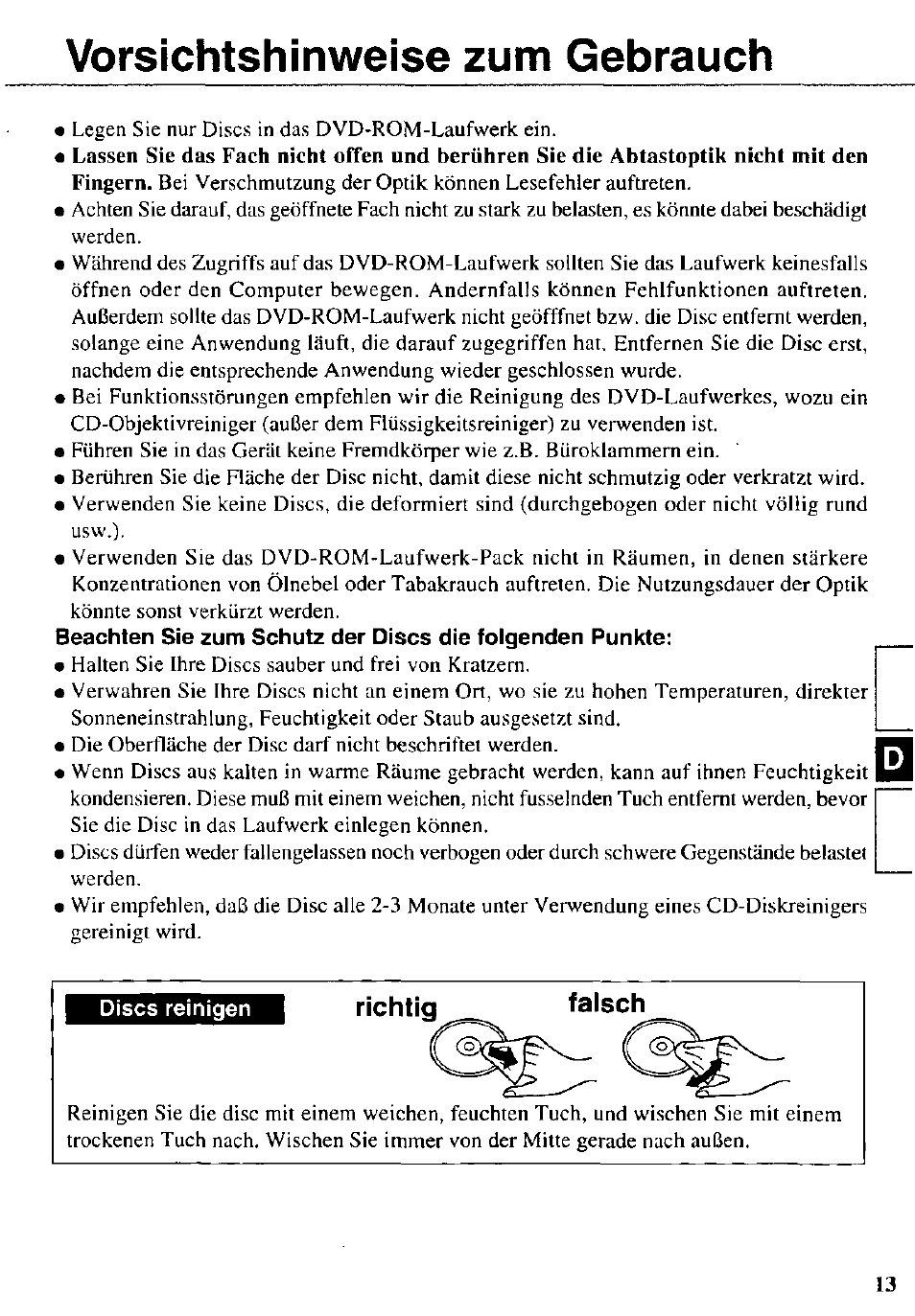 Vorsichtshinweise zum gebrauch, Discs reinigen | Panasonic CF-VDD272 User Manual | Page 13 / 28