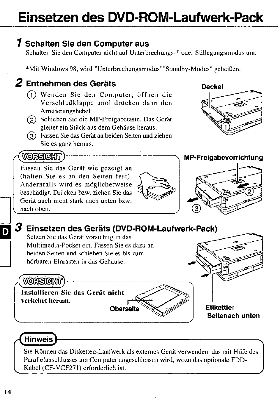 Einsetzen des dvd-rom-laufwerk-pack, Mp-freigabevorrichtung, Etikettier seitenach unten | Hinweis | Panasonic CF-VDD272 User Manual | Page 14 / 28