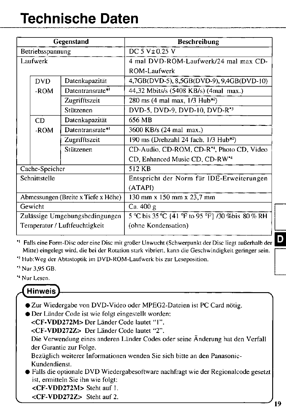 Technische daten, Hinweis) | Panasonic CF-VDD272 User Manual | Page 19 / 28