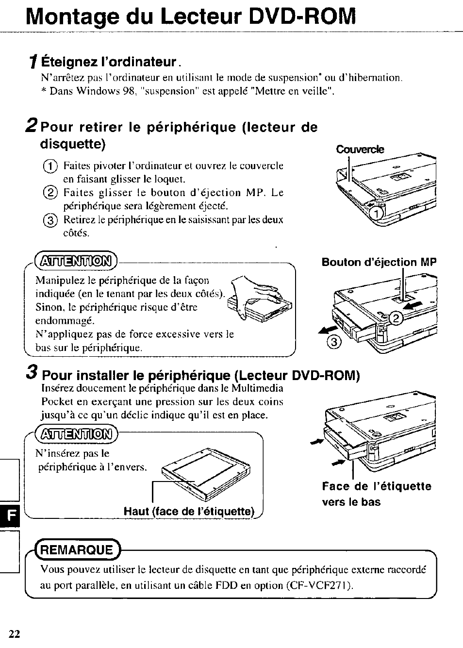Montage du lecteur dvd-rom, Âmenitilqn, Bouton d | Alîtieninion, Haut (face de l’étiquette)y, Face de l’étiquette vers le bas, Remarque | Panasonic CF-VDD272 User Manual | Page 22 / 28
