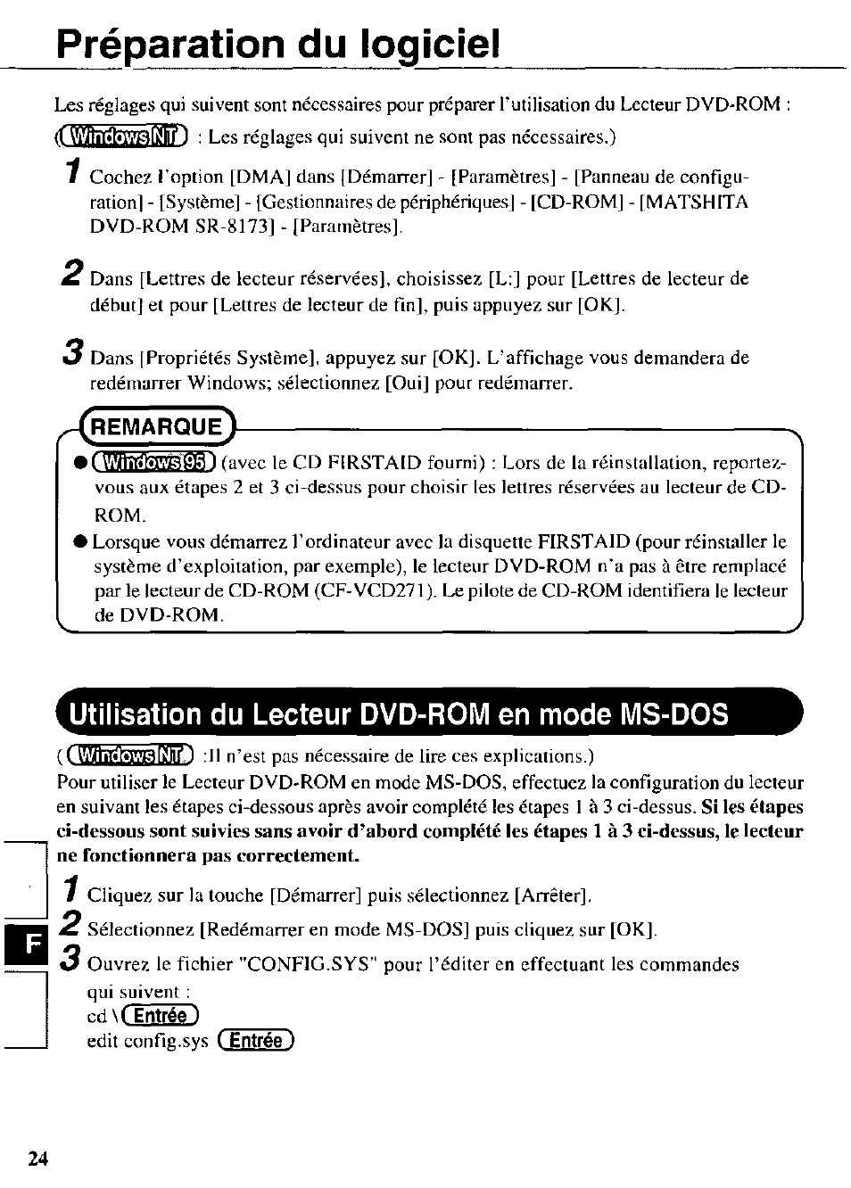 Préparation du logiciel, Utilisation du lecteur dvd-rom en mode ms-dos | Panasonic CF-VDD272 User Manual | Page 24 / 28