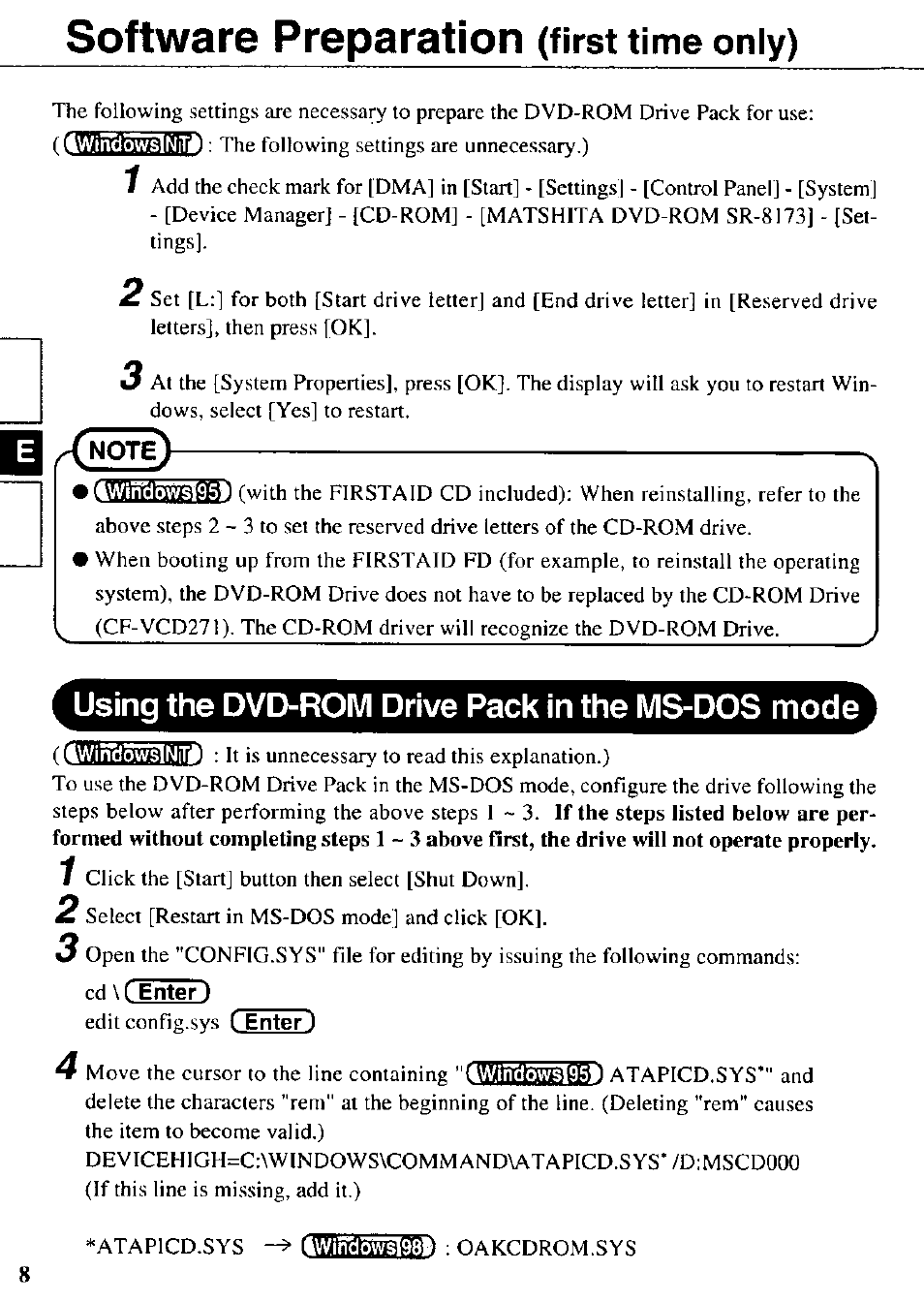 Software preparation (first time only), Using the dvd-rom drive pack in the ms-dos mode, Windowsl98l | Software preparation, First time only) | Panasonic CF-VDD272 User Manual | Page 8 / 28