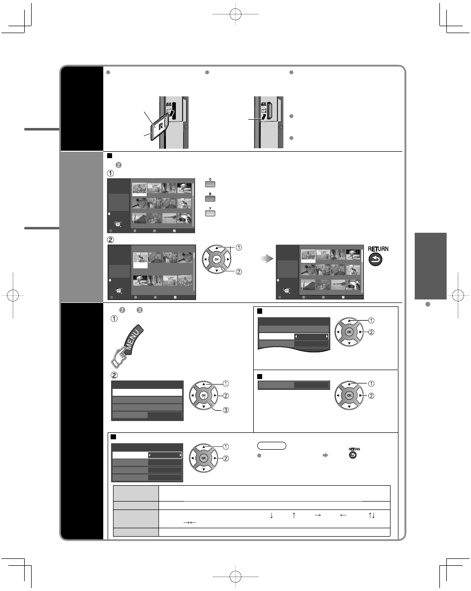 Viewing with viera image viewer sd card, Sort, Photo settings | Viewing, Select the directory, Select the item set the soundtrack, Slideshow settings, Return to previous screen, Select ok, Select adjust | Panasonic TC-L32C22 User Manual | Page 19 / 52