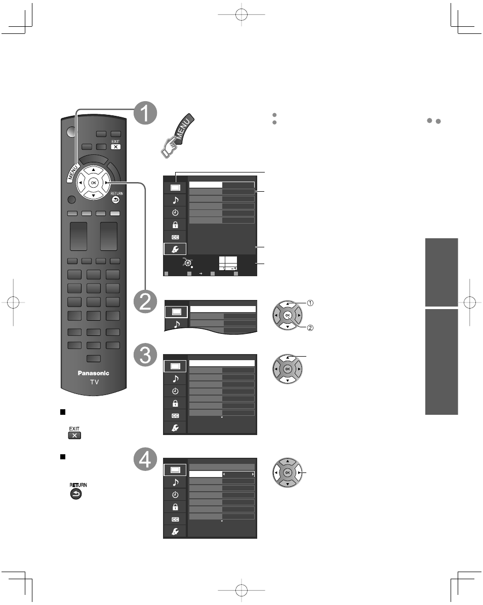 How to use menu functions, Display the menu, Select the menu | Select the item, Adjust or select, Advanced, Viewing | Panasonic TC-L32C22 User Manual | Page 23 / 52