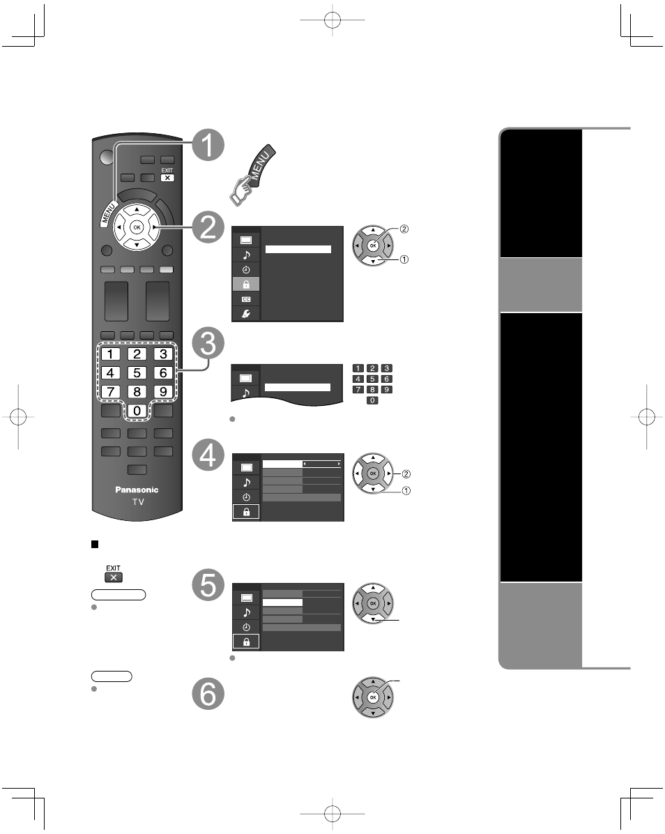 Lock, Display the menu select “lock, Input your 4-digit password | Select the lock mode, Select the item | Panasonic TC-L32C22 User Manual | Page 32 / 52