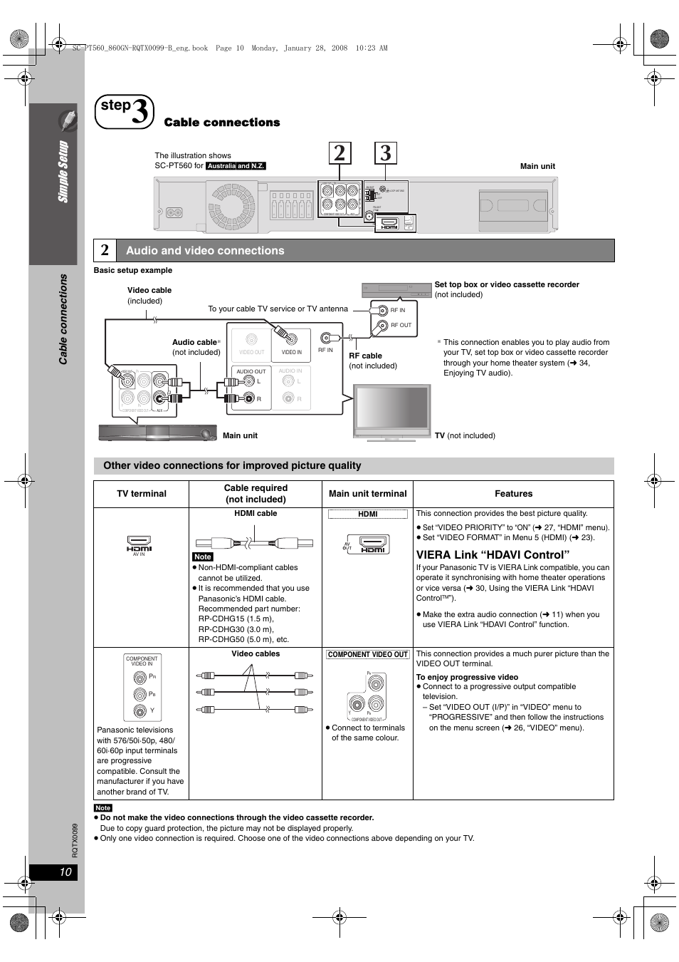 Step, Si mp le s etu p, Audio and video connections | Viera link “hdavi control, Cable connections, Ca b le co nn e c ti on s | Panasonic SC-PT565 User Manual | Page 10 / 44