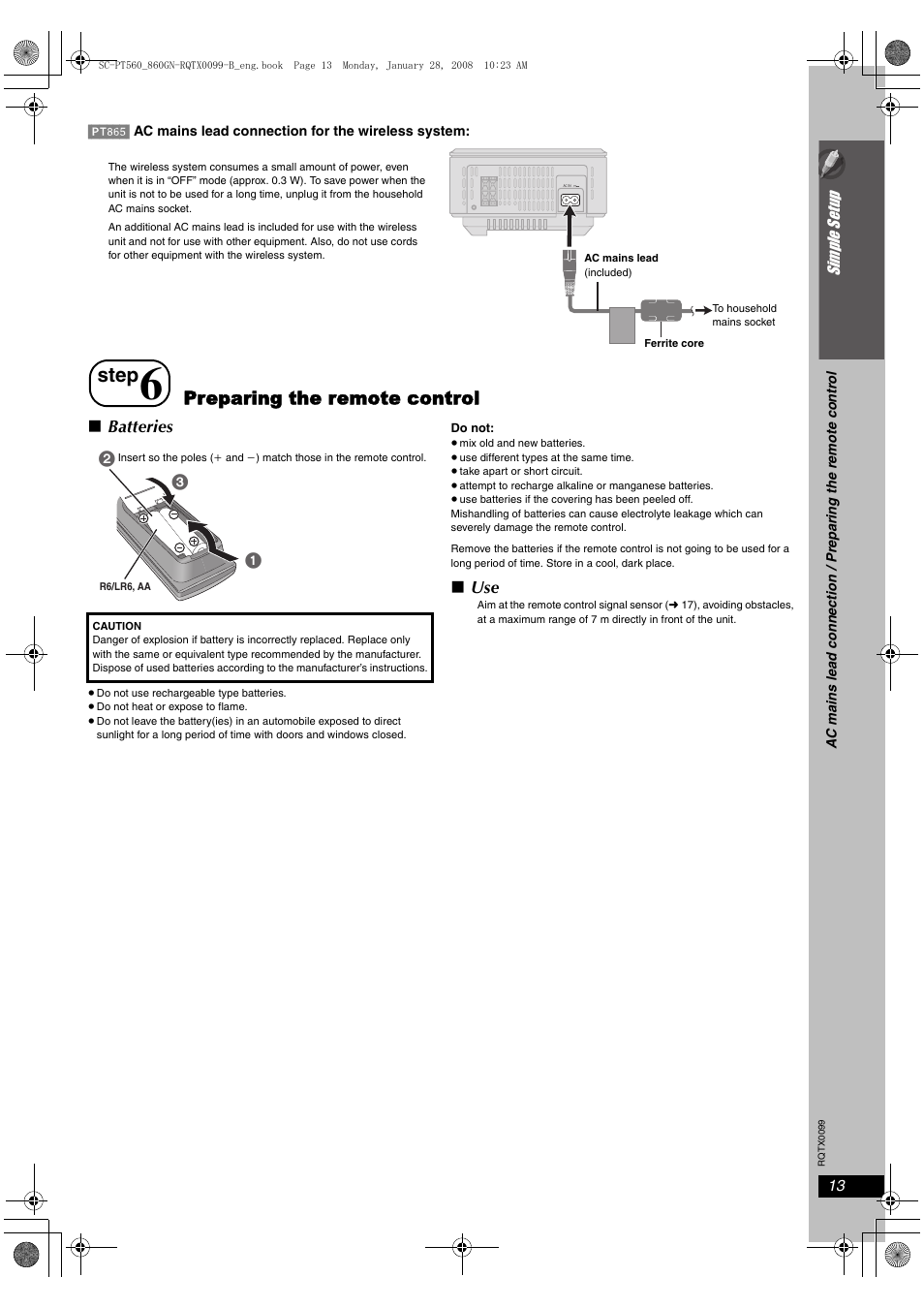Step, Preparing the remote control | Panasonic SC-PT565 User Manual | Page 13 / 44