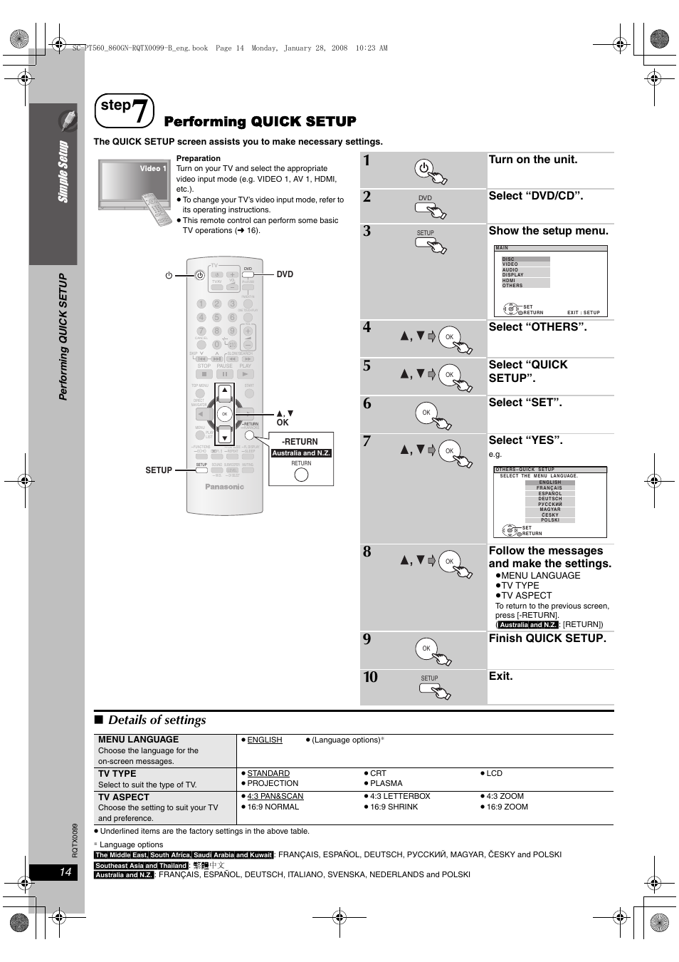Step, Performing quick setup, Details of settings | Si mp le s etu p, Turn on the unit, Select “dvd/cd, Show the setup menu, Select “others, Select “quick setup, Select “set | Panasonic SC-PT565 User Manual | Page 14 / 44