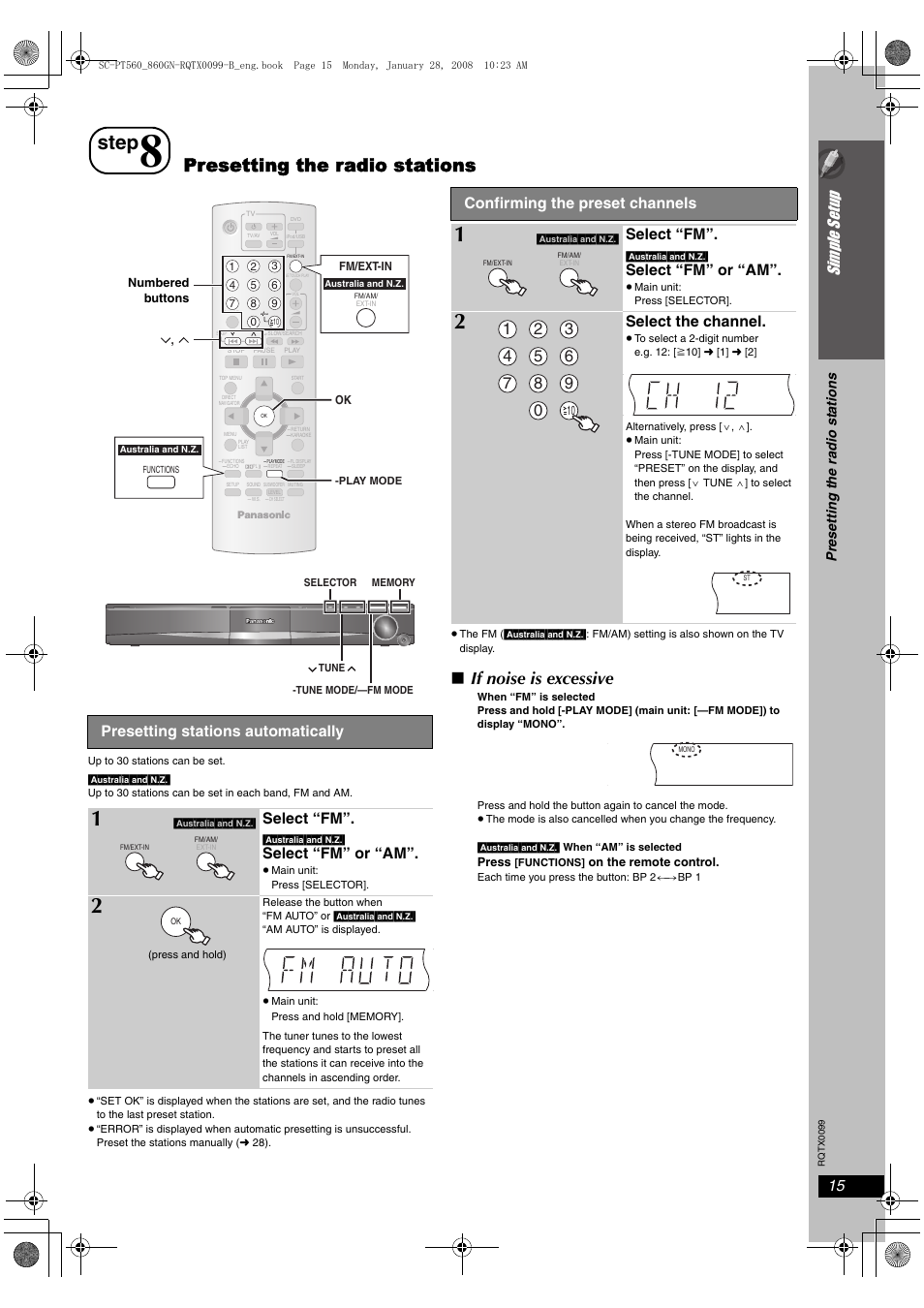 Step, Presetting the radio stations, If noise is excessive | Sim ple s etu p, Presetting stations automatically, Select “fm, Select “fm” or “am, Confirming the preset channels, Select the channel | Panasonic SC-PT565 User Manual | Page 15 / 44