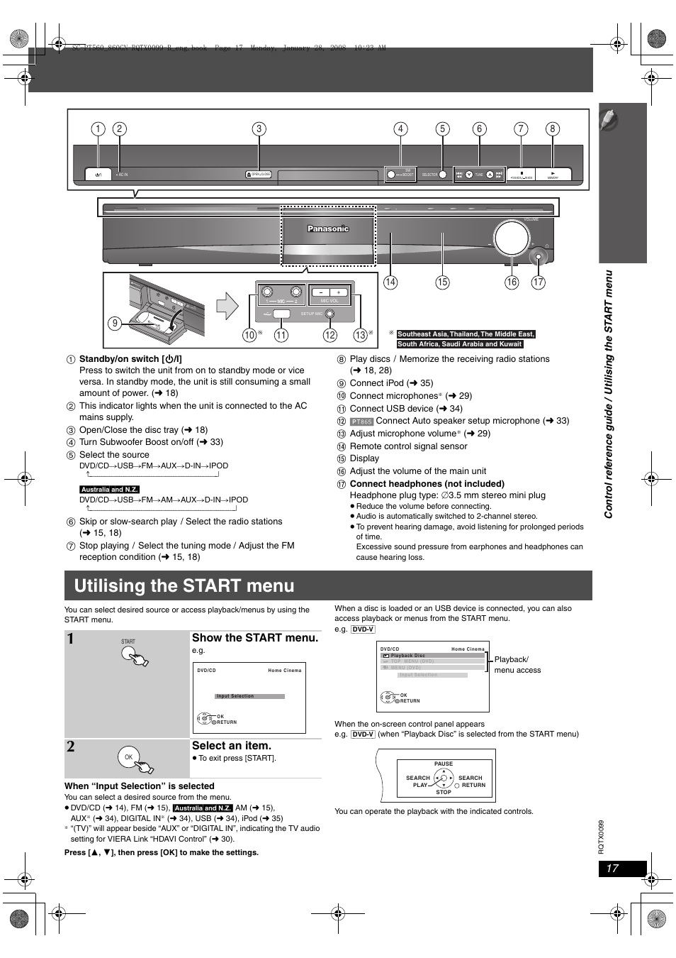 Utilising the start menu, Show the start menu, Select an item | Panasonic SC-PT565 User Manual | Page 17 / 44