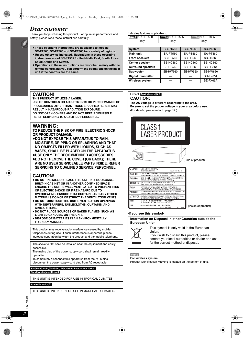 Dear customer, Warning, Caution | Panasonic SC-PT565 User Manual | Page 2 / 44