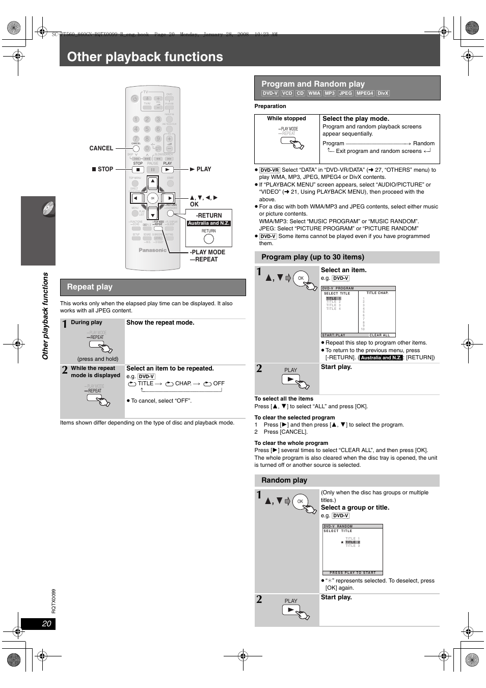 Other playback functions, Repeat play, Program and random play | Program play (up to 30 items), Random play | Panasonic SC-PT565 User Manual | Page 20 / 44