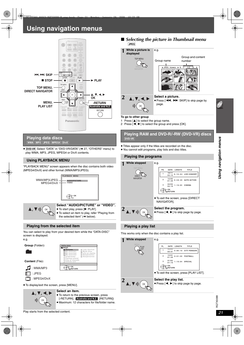 Using navigation menus, Selecting the picture in thumbnail menu, Playing data discs | Playing ram and dvd-r/-rw (dvd-vr) discs, Using playback menu, Playing from the selected item, Playing the programs, Playing a play list | Panasonic SC-PT565 User Manual | Page 21 / 44