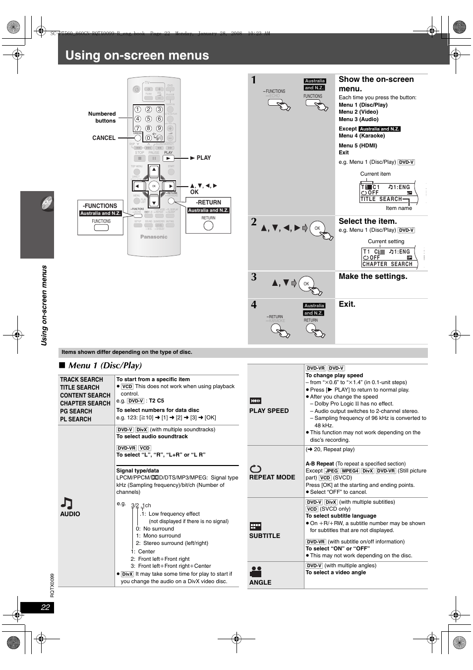 Using on-screen menus, Menu 1 (disc/play), Show the on-screen menu | Select the item, Make the settings, Exit | Panasonic SC-PT565 User Manual | Page 22 / 44