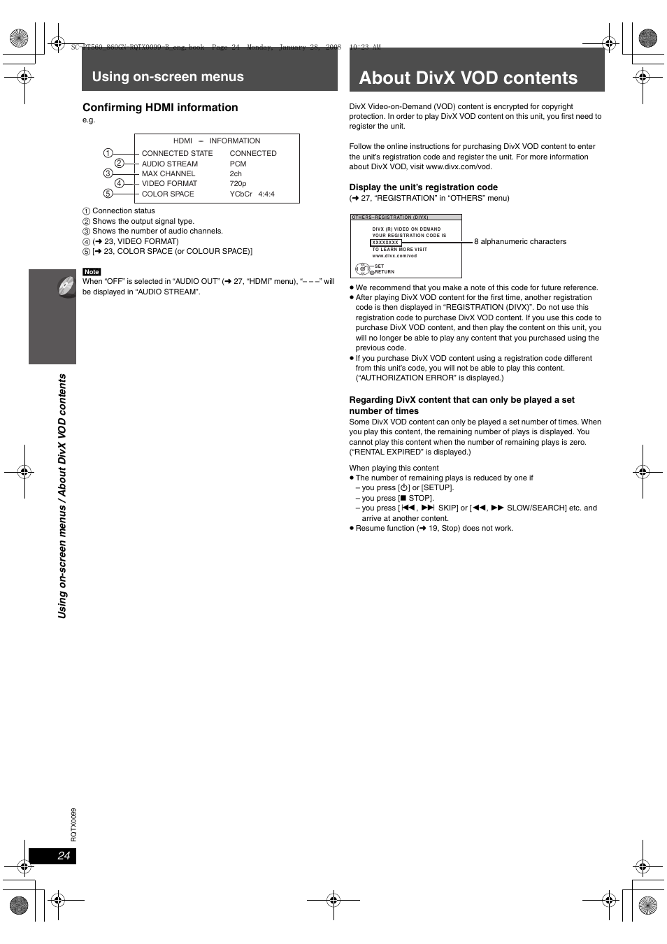 About divx vod contents, Using on-screen menus, Confirming hdmi information | Panasonic SC-PT565 User Manual | Page 24 / 44