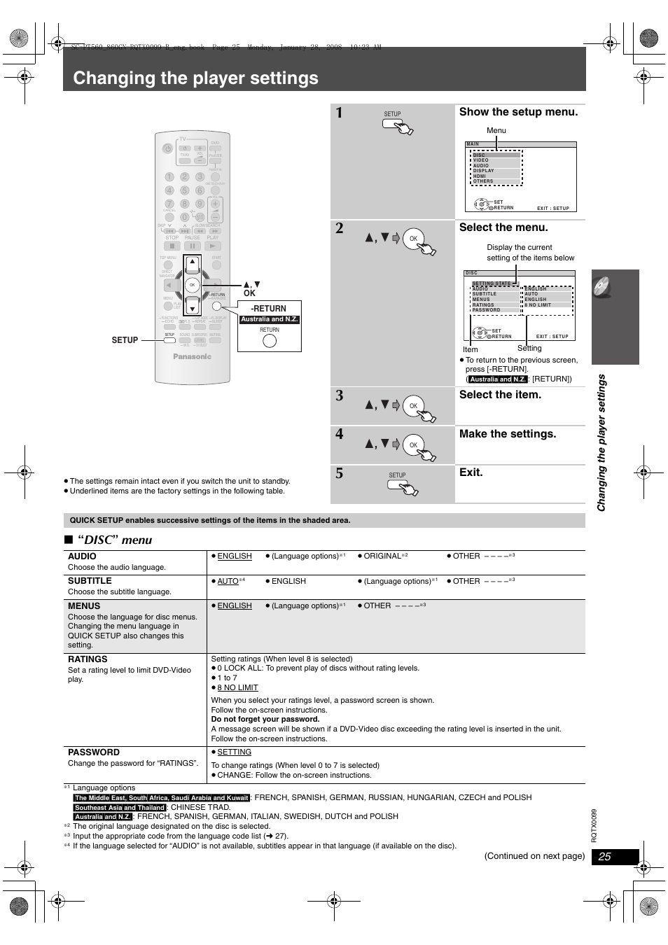 Changing the player settings, Disc ” menu, Show the setup menu | Select the menu, Select the item, Make the settings, Exit, Ch an gi ng th e pl a y er s e ttin g s | Panasonic SC-PT565 User Manual | Page 25 / 44