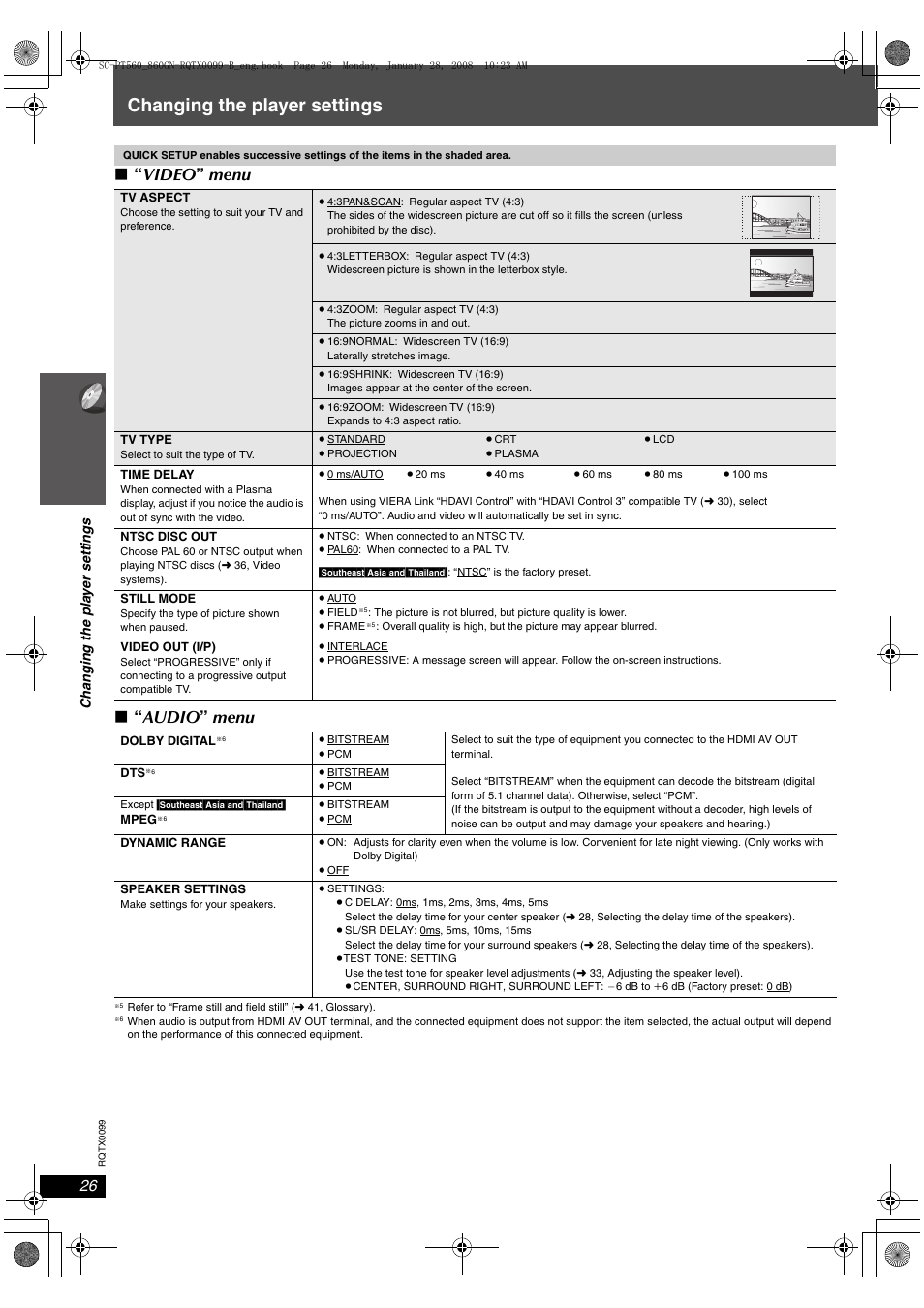 Changing the player settings, Video ” menu ∫ “ audio ” menu | Panasonic SC-PT565 User Manual | Page 26 / 44