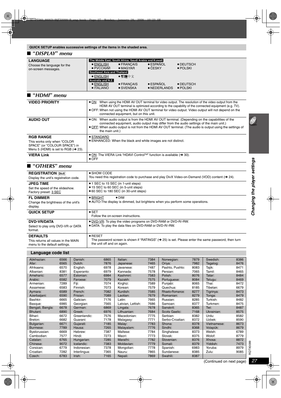 Display ” menu ∫ “ hdmi ” menu ∫ “ others ” menu | Panasonic SC-PT565 User Manual | Page 27 / 44