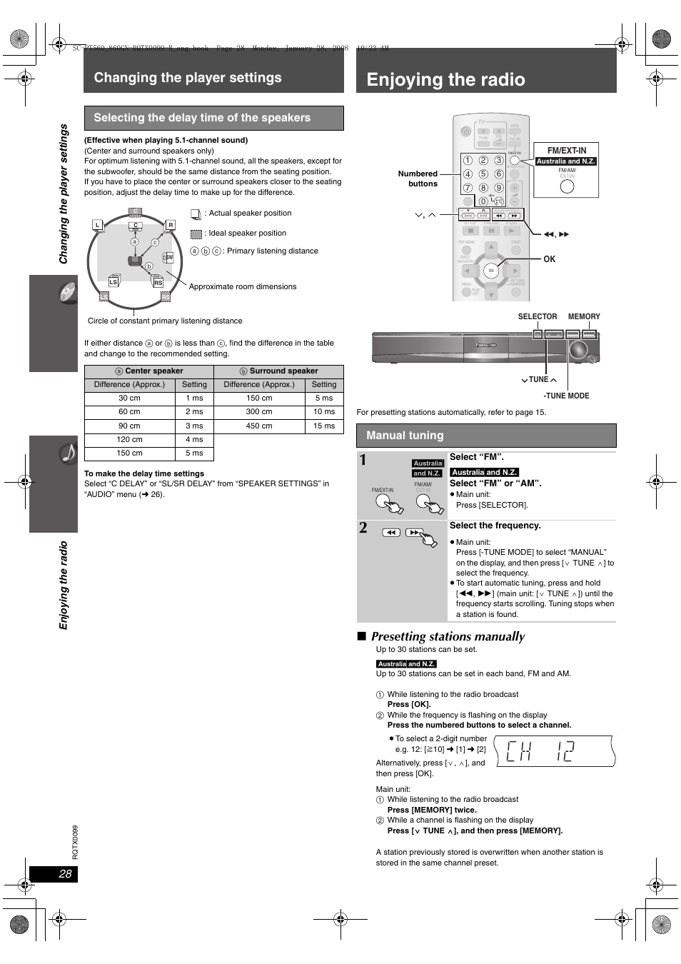 Enjoying the radio, Changing the player settings, Presetting stations manually | Selecting the delay time of the speakers, Manual tuning | Panasonic SC-PT565 User Manual | Page 28 / 44