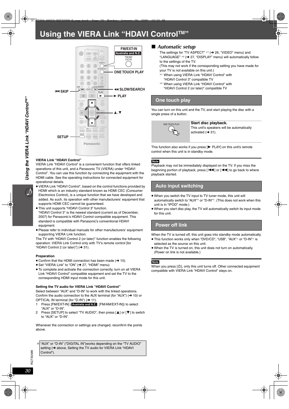 Using the viera link “hdavi control, Automatic setup, One touch play | Auto input switching power off link, Us ing the viera link “h d a vi contr o l | Panasonic SC-PT565 User Manual | Page 30 / 44