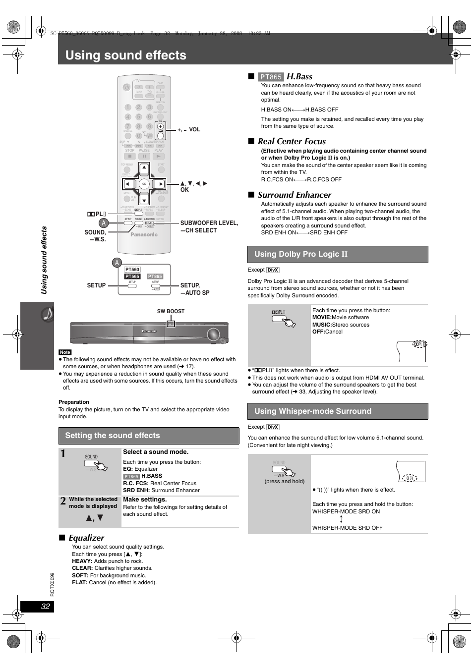 Using sound effects, Equalizer, Pt865] h.bass | Real center focus, Surround enhancer, Setting the sound effects, Using dolby pro logic ii, Using whisper-mode surround, Us ing sound effects | Panasonic SC-PT565 User Manual | Page 32 / 44