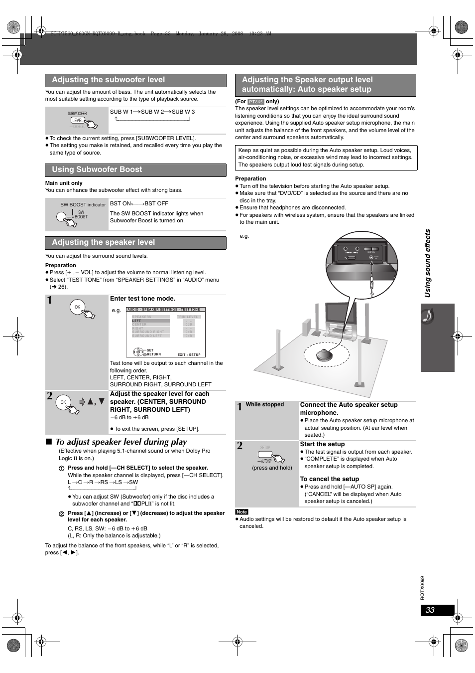 Adjusting the subwoofer level, Using subwoofer boost, Adjusting the speaker level | Panasonic SC-PT565 User Manual | Page 33 / 44