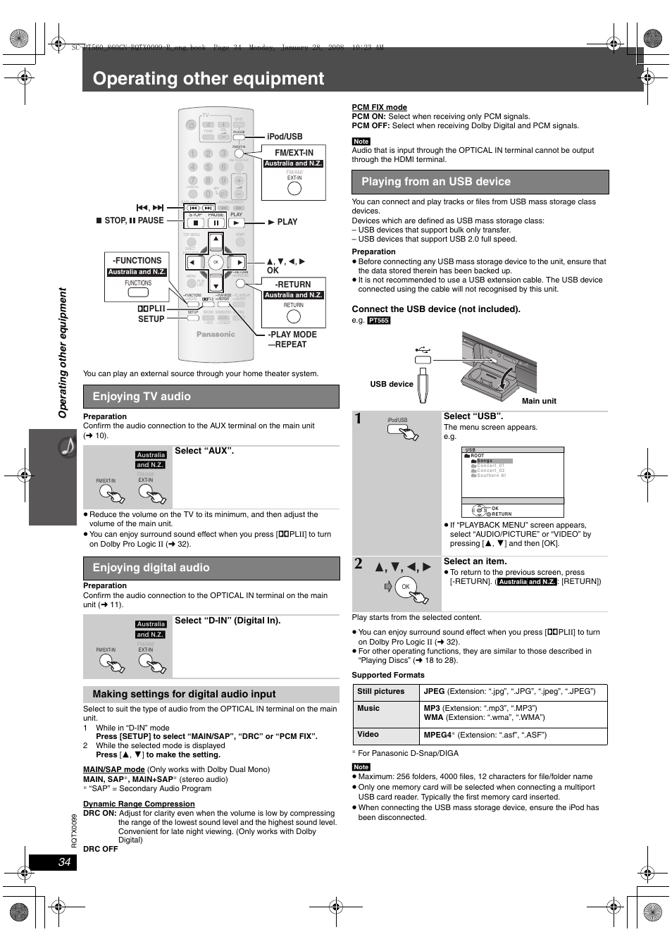 Operating other equipment, Enjoying tv audio, Enjoying digital audio | Playing from an usb device, Op eratin g oth e r eq uip m en t, Making settings for digital audio input, Open clo se | Panasonic SC-PT565 User Manual | Page 34 / 44