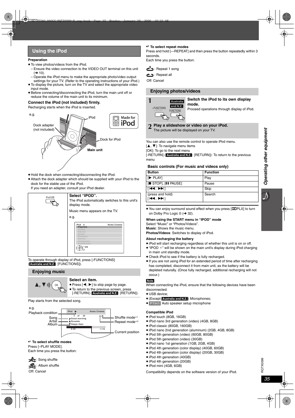 Using the ipod | Panasonic SC-PT565 User Manual | Page 35 / 44