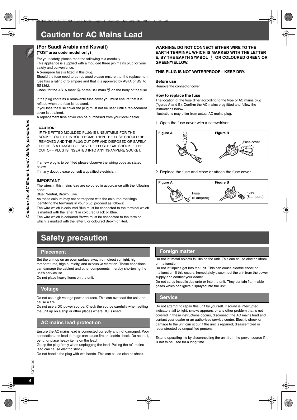 Caution for ac mains lead, Safety precaution | Panasonic SC-PT565 User Manual | Page 4 / 44