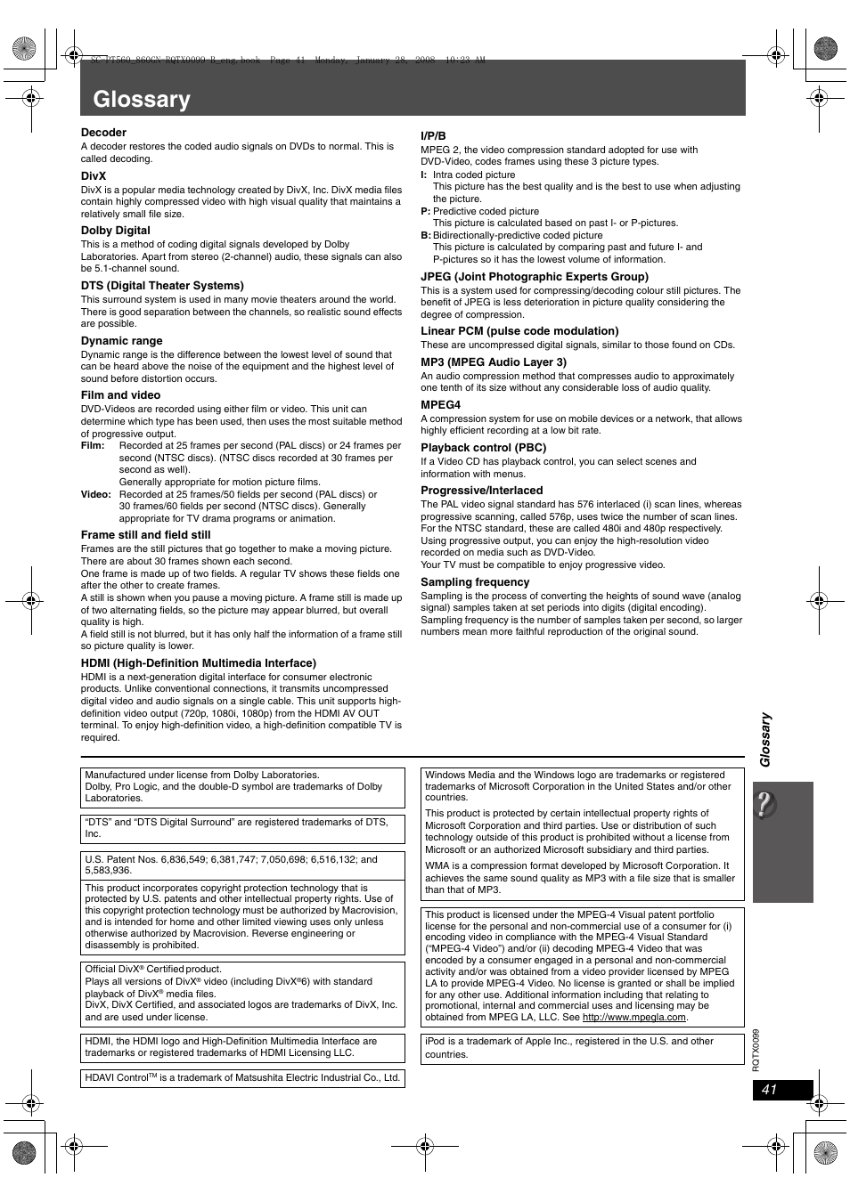 Glossary | Panasonic SC-PT565 User Manual | Page 41 / 44