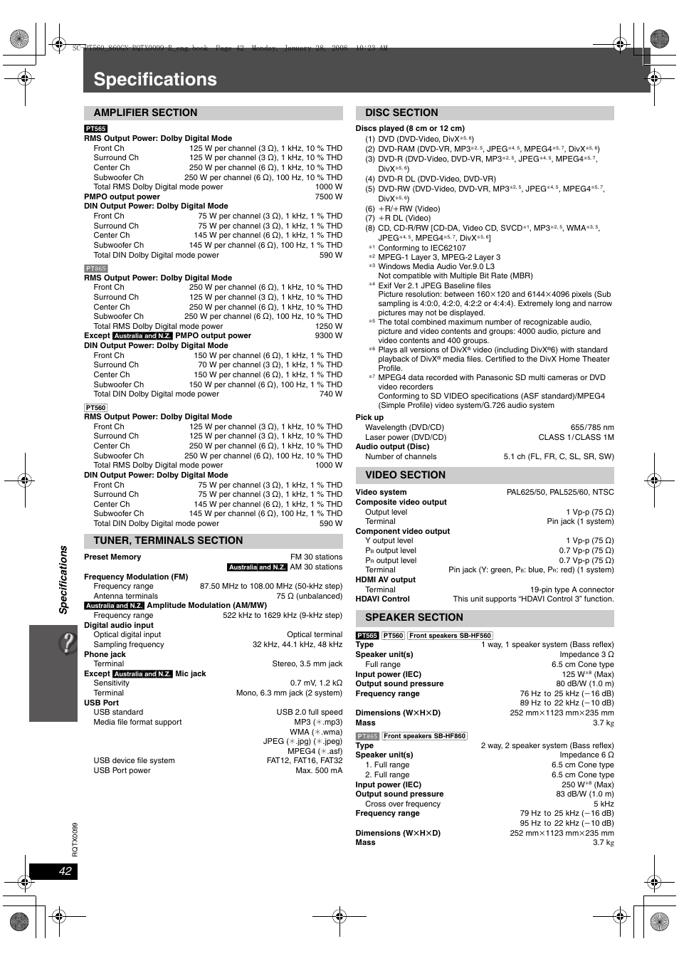 Specifications | Panasonic SC-PT565 User Manual | Page 42 / 44