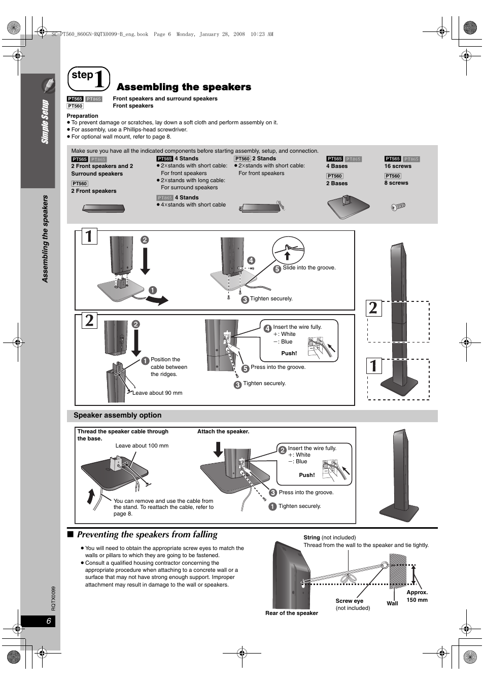 Step, Assembling the speakers, Preventing the speakers from falling | Sim ple s etu p | Panasonic SC-PT565 User Manual | Page 6 / 44