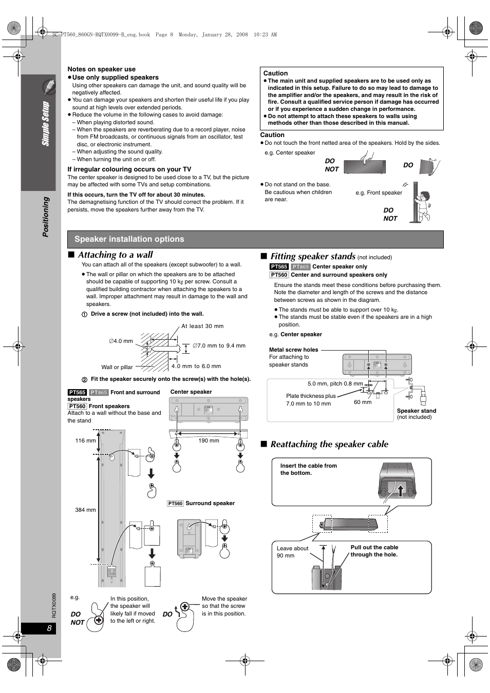 Attaching to a wall, Fitting speaker stands, Reattaching the speaker cable | Si mp le s etu p | Panasonic SC-PT565 User Manual | Page 8 / 44