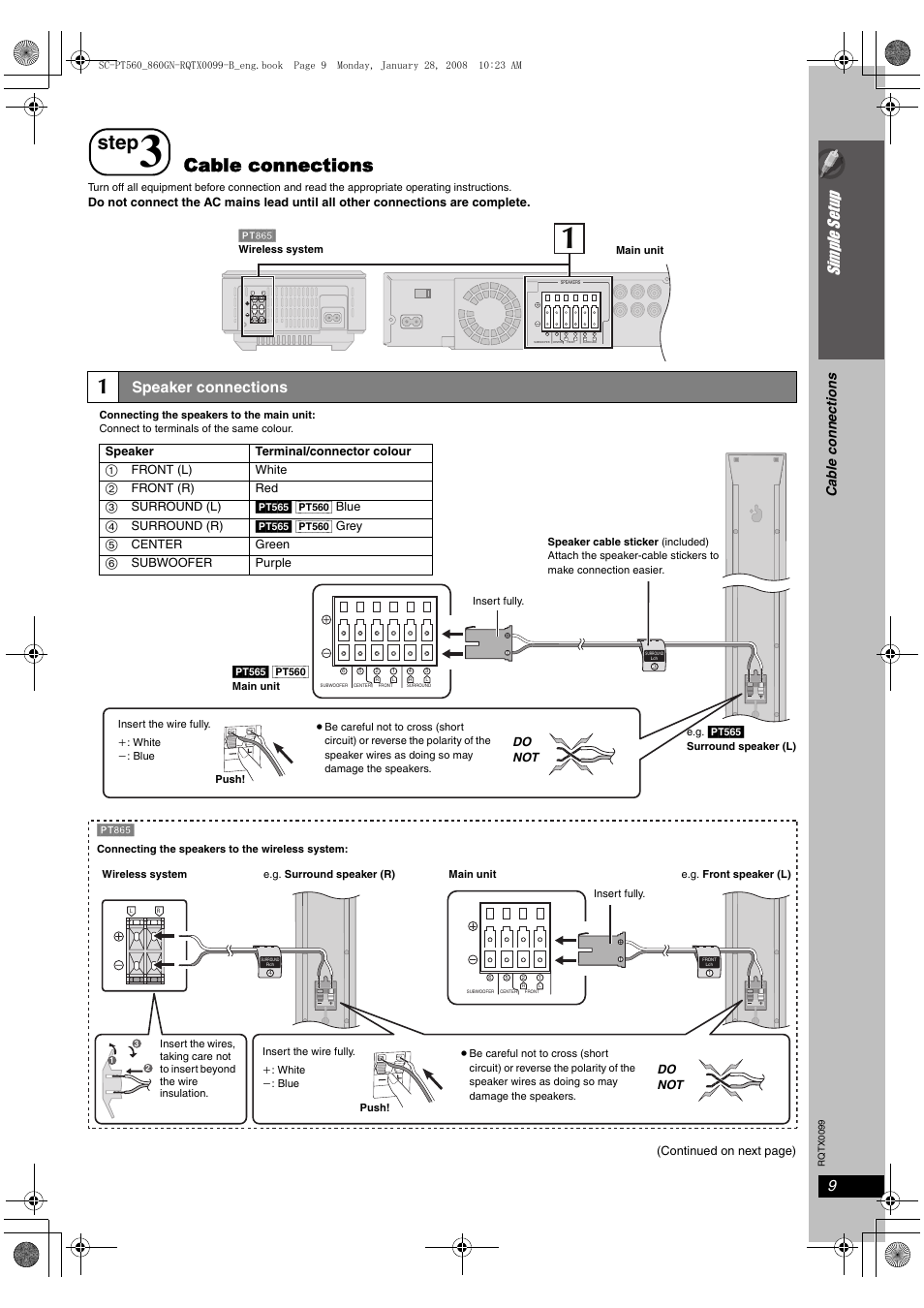 Step, Cable connections, Sim ple s etu p | Speaker connections, Cab le connections | Panasonic SC-PT565 User Manual | Page 9 / 44