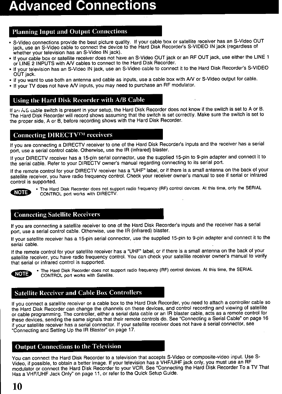Planning input and output connections, Using the hard disk rec(»rder with a/b cable, Connecting directv‘s* receivers | Connecting satellite receivers, Satellite receiver and cable box controllers, Output connections to the television, Advanced connections | Panasonic PV-HS1000 User Manual | Page 10 / 62