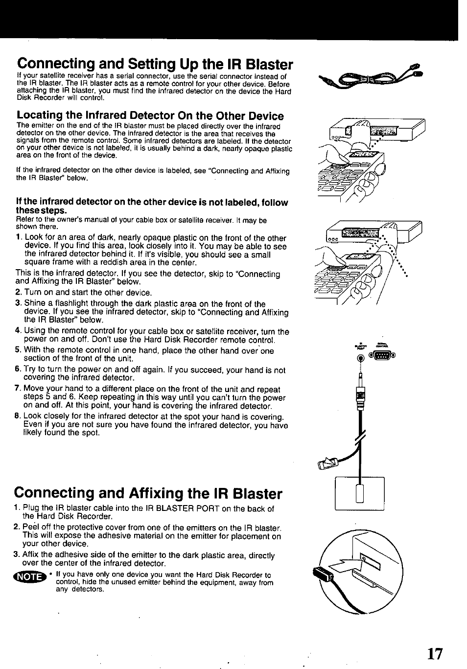 Connecting and setting up the ir biaster, Locating the infrared detector on the other device, Connecting and affixing the ir biaster | Panasonic PV-HS1000 User Manual | Page 17 / 62