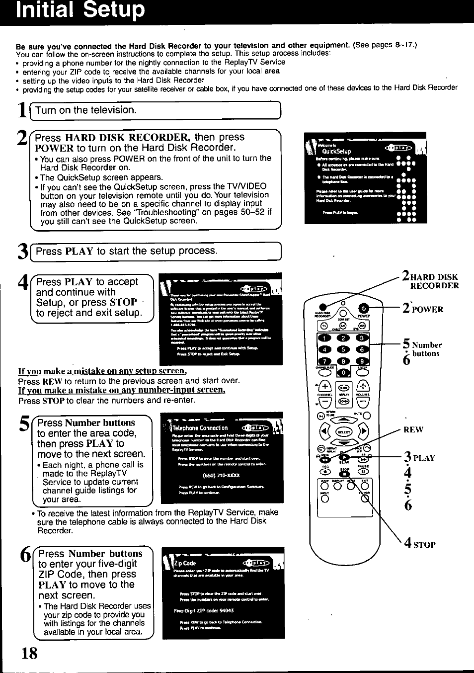 Initial setup, 5 6 4 stop, Number buttons | Turn on the television, If you make a mistake on any setup screen, If you make a mistake on anv number-input screen, Press | Panasonic PV-HS1000 User Manual | Page 18 / 62