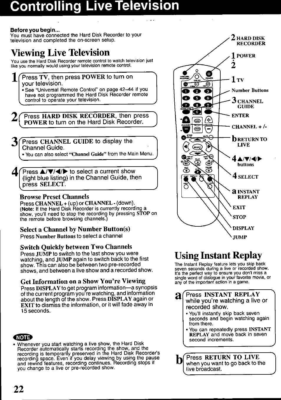 Controlling live television, Before you begin, Viewing live television | Press channel guide to display the channel guide, Press to select a current show, Browse preset channels, Select a channel by number button(s), Using instant replay | Panasonic PV-HS1000 User Manual | Page 22 / 62