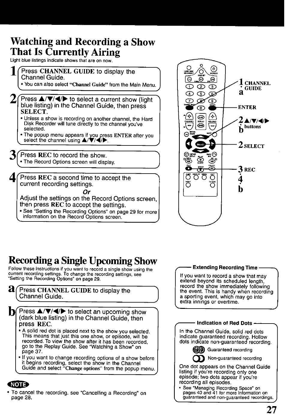Recording a single upcoming show, Extending recording time, Indication of red dots | Panasonic PV-HS1000 User Manual | Page 27 / 62