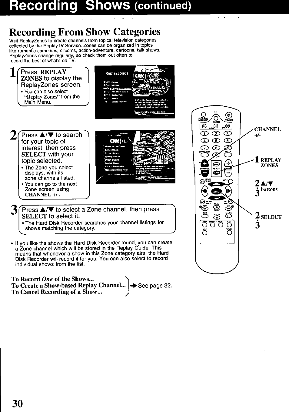 Ows (continued), Recording from show categories | Panasonic PV-HS1000 User Manual | Page 30 / 62