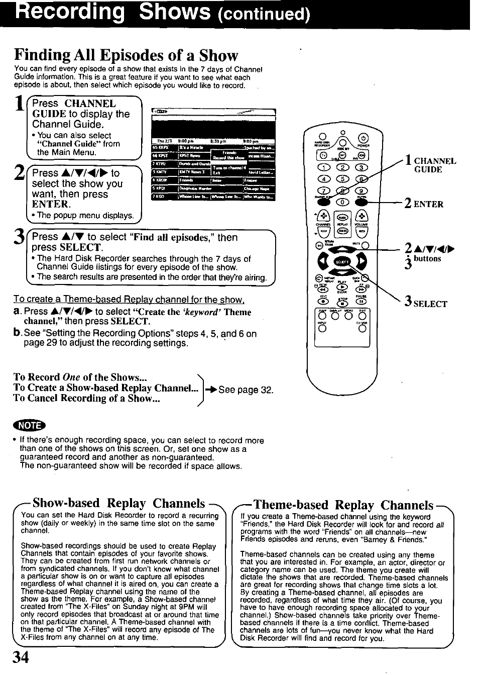 Ecording shows (continued), Finding all episodes of a show, Show-based replay channels | Theme-based replay channels, Find all episodes of a show, Ecording shows, Continued), Finding, Episodes of a show | Panasonic PV-HS1000 User Manual | Page 34 / 62