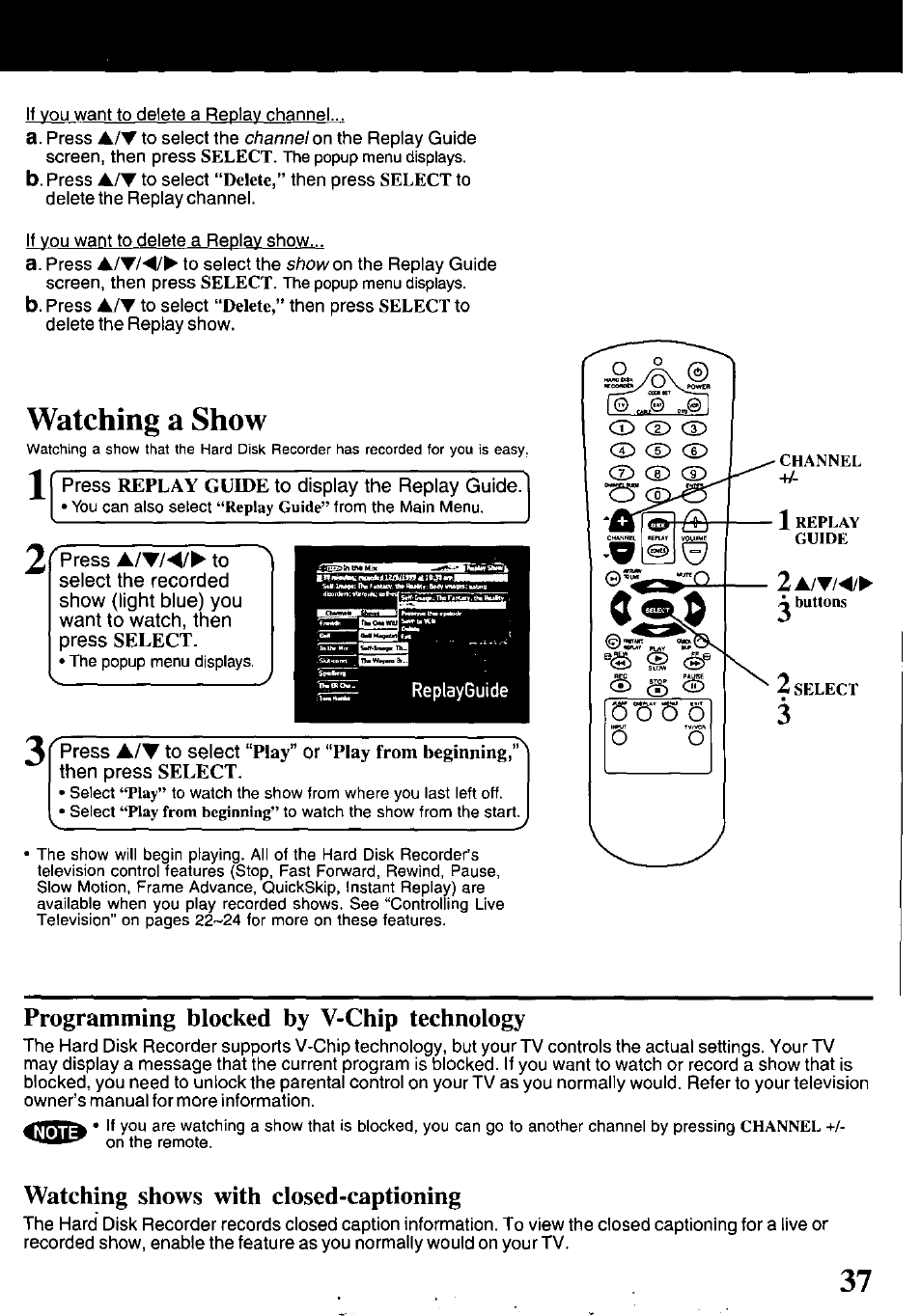Watching a show, Programming blocked by v-chip technology, Watching shows with closed-captioning | Panasonic PV-HS1000 User Manual | Page 37 / 62