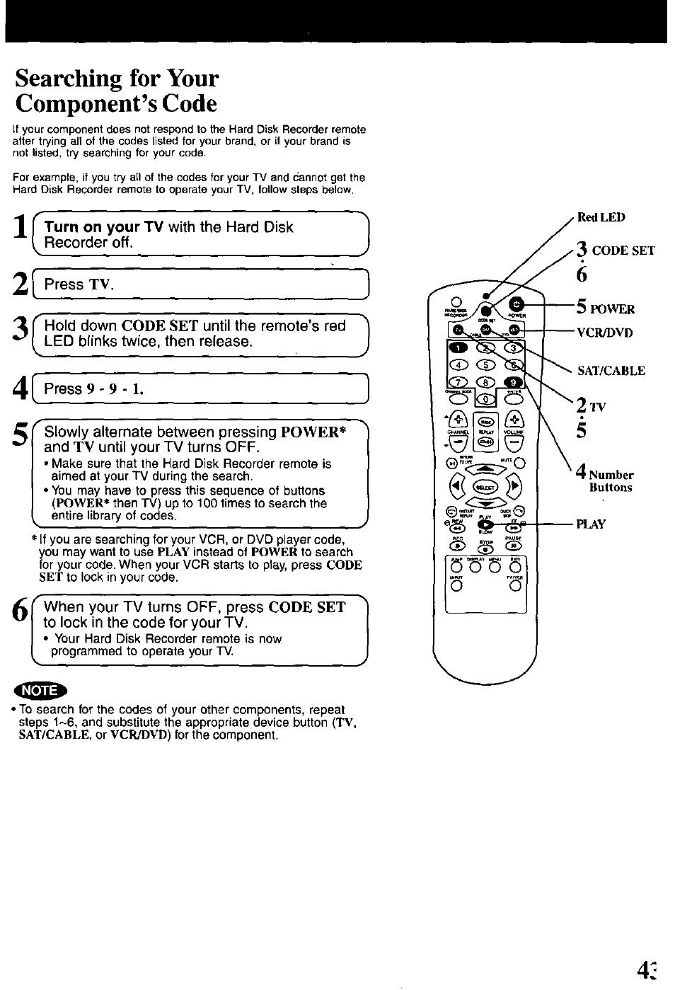 Searching for your component’s code | Panasonic PV-HS1000 User Manual | Page 43 / 62