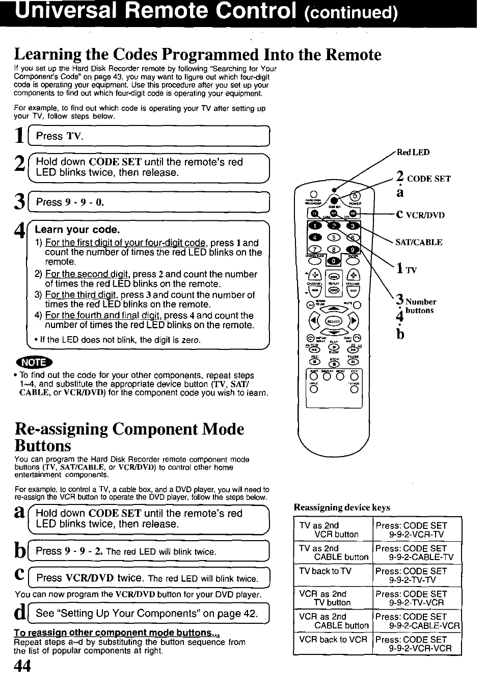 Niversal remote control (continued), Learning the codes programmed into the remote, Press tv | To reassign other component mode buttons, Niversal remote control, Continued) | Panasonic PV-HS1000 User Manual | Page 44 / 62