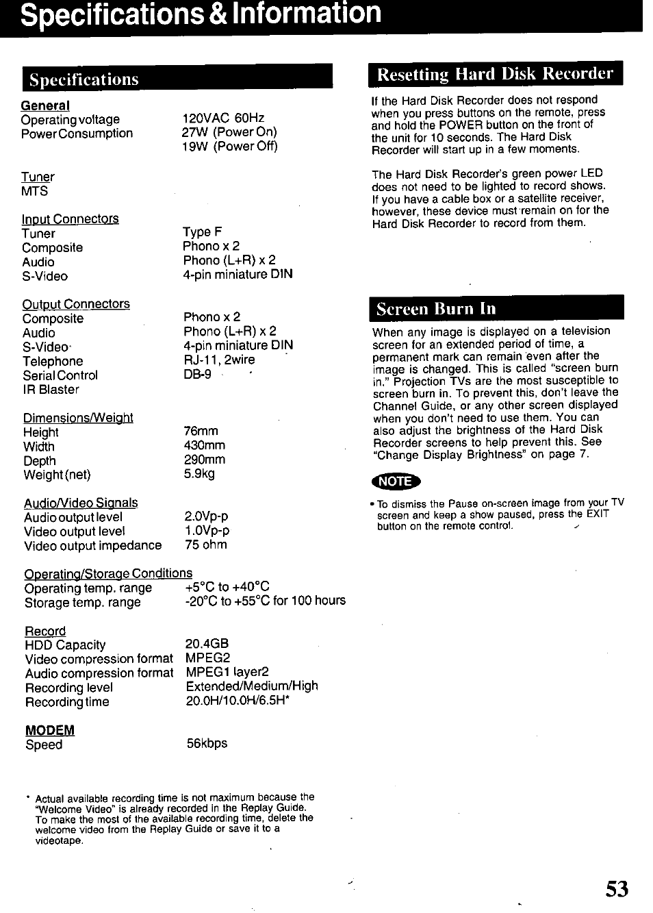 Specifications & information, General, Resetting hard disk recorder | Screen burn in, Modem, Specifications and information, Specifications | Panasonic PV-HS1000 User Manual | Page 53 / 62