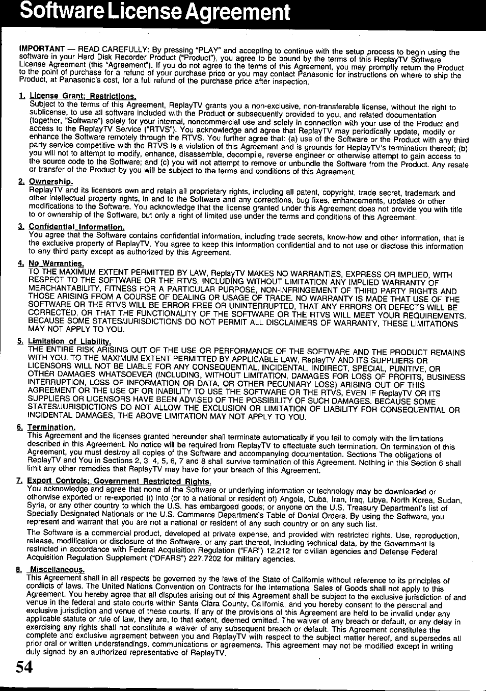 Oftware license agreement, Software license agreement | Panasonic PV-HS1000 User Manual | Page 54 / 62