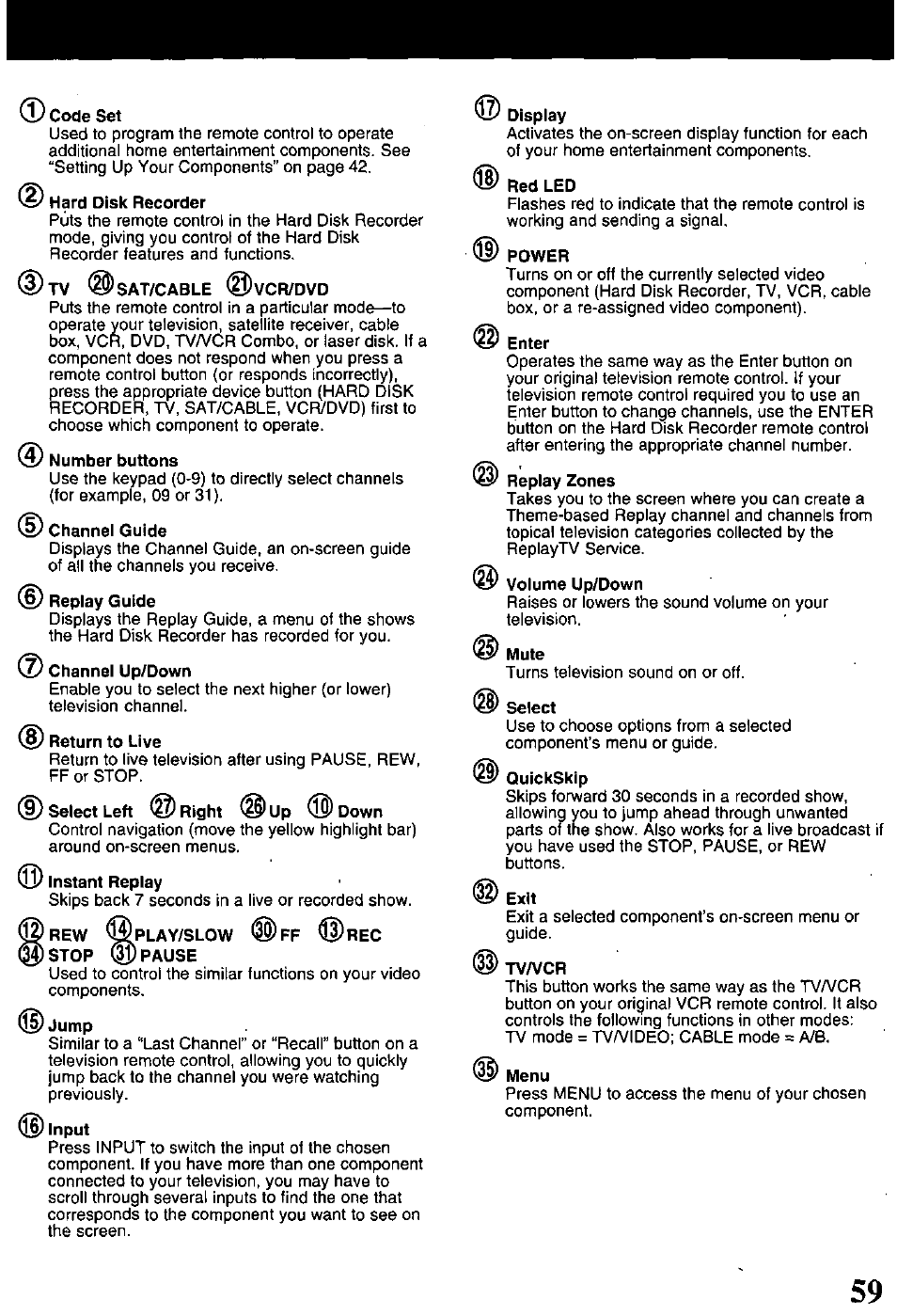 Code set, Tv @sat/cable @vcr/dvd, Replay guide | Channel up/down, Display, Red led, Power, Enter, Replay zones, Volume up/down | Panasonic PV-HS1000 User Manual | Page 59 / 62