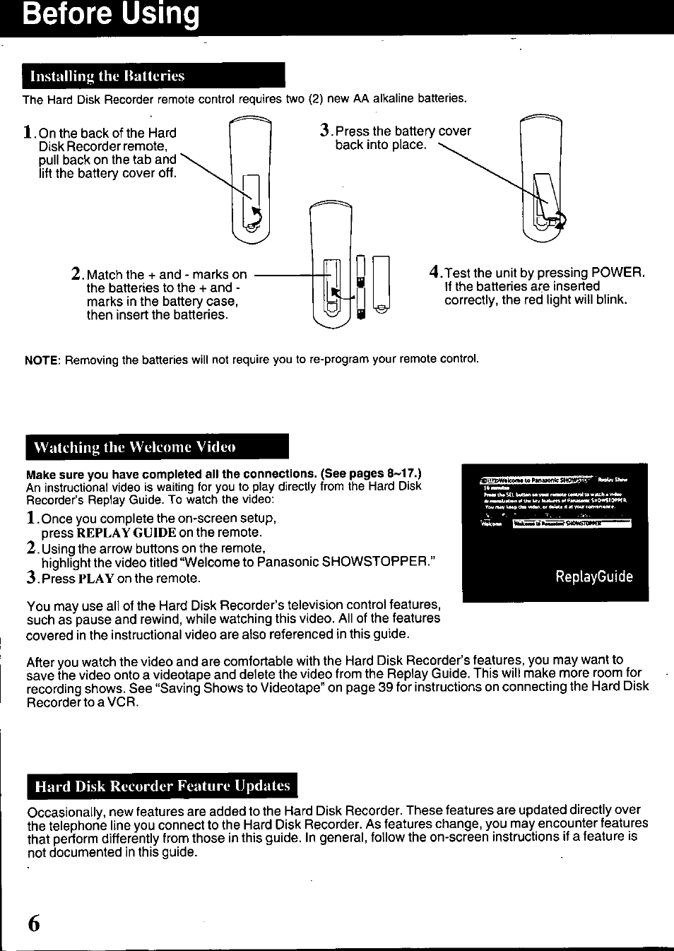 Before using, Before using ,7, Installin;^ the batteries | Watching the welcome video, Hard disk recorder feature updates | Panasonic PV-HS1000 User Manual | Page 6 / 62