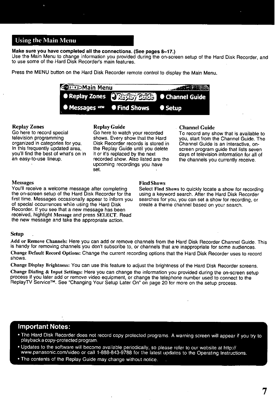 Ilildmain menu, Replay zones gugasagiaa •chanr, Messages • find shows • setup | Important notes | Panasonic PV-HS1000 User Manual | Page 7 / 62