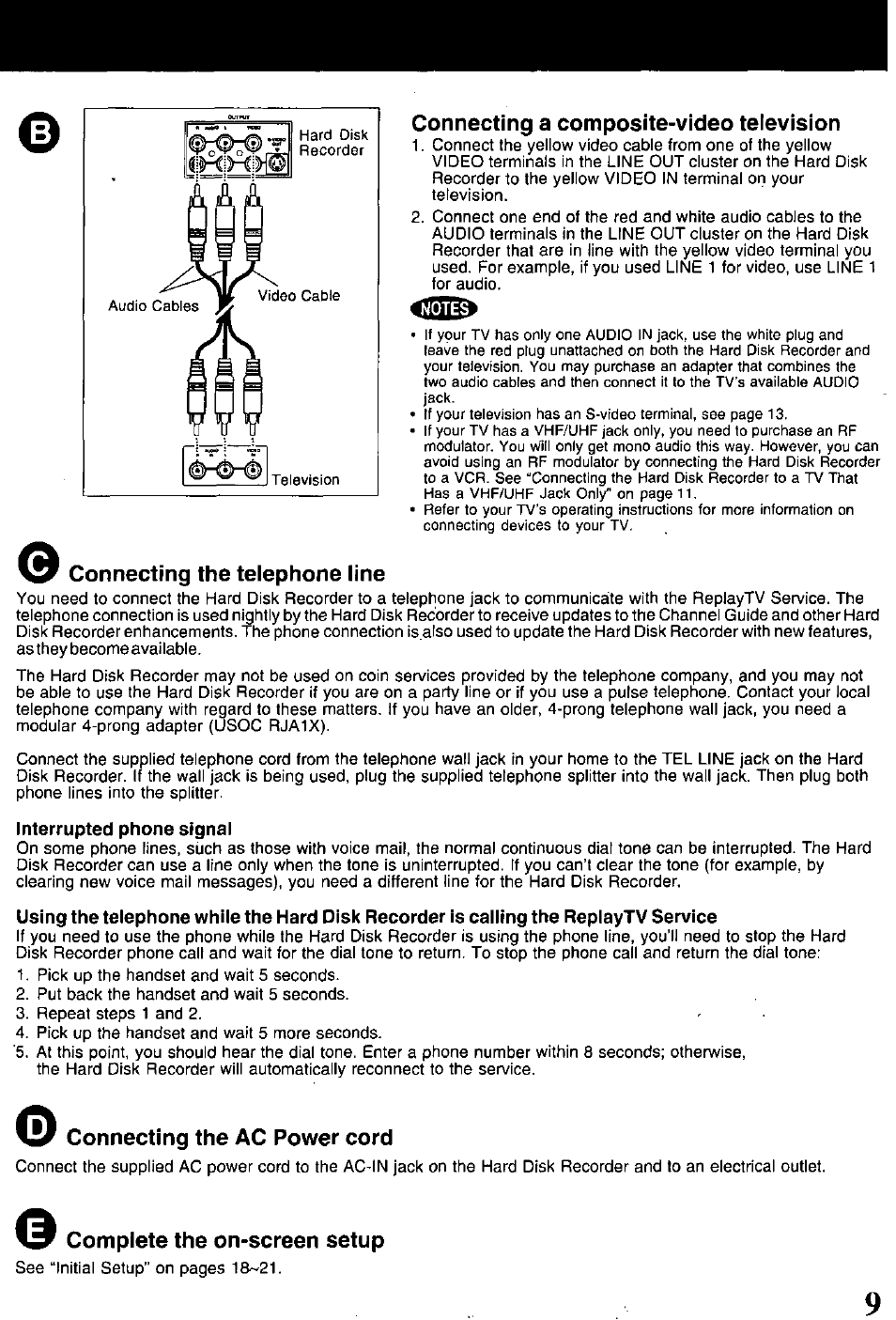 Connecting a composite-video television, Connecting the ac power cord, Complete the on-screen setup | Panasonic PV-HS1000 User Manual | Page 9 / 62